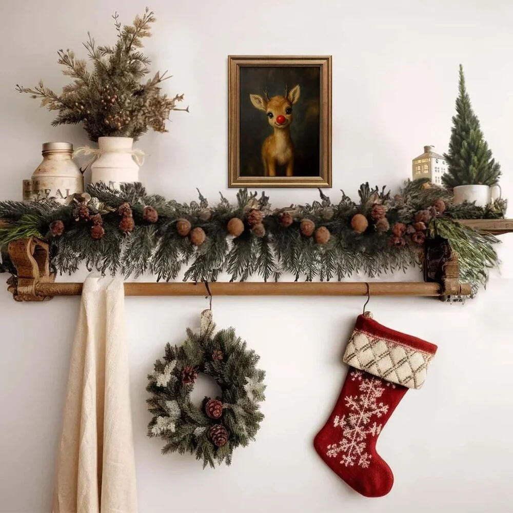 Vintage Christmas Wall Art Decor Gold Framed Clown Reindeer Picture Painting